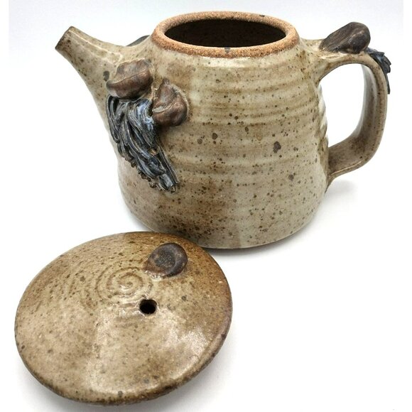 Stoneware Teapot Lid Mustache Ponytail Vintage 1970s Artist Signed Bottom 5 Inch - Picture 2 of 14